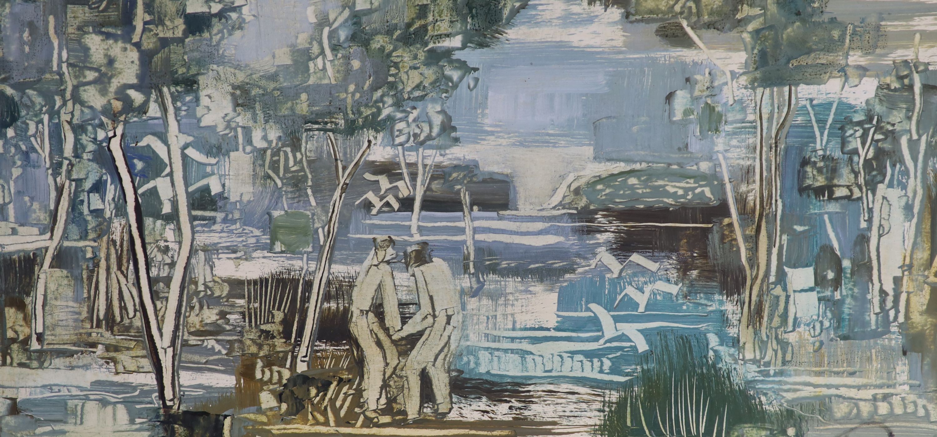 Gerald Meares (1911-1975), two oils on board, Coastal scene and Figures in a landscape, signed, 24 x 45cm and 17 x 34cm